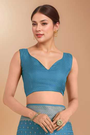 Shop Khwaab By Sanjana Lakhani Blue Tassels V-neck Zari Woven Banarasi Silk Saree With Blouse Online at Aza Fashions Shop_Khwaab By Sanjana Lakhani_Blue Tassels V-neck Zari Woven Banarasi Silk Saree With Blouse _Online_at_Aza_Fashions
