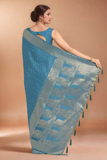 Shop Khwaab By Sanjana Lakhani Blue Tassels V-neck Zari Woven Banarasi Silk Saree With Blouse at Aza Fashions Shop_Khwaab By Sanjana Lakhani_Blue Tassels V-neck Zari Woven Banarasi Silk Saree With Blouse _at_Aza_Fashions