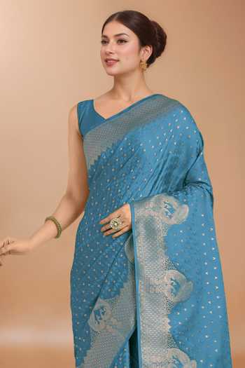 Khwaab By Sanjana Lakhani Blue Tassels V-neck Zari Woven Banarasi Silk Saree With Blouse at Aza Fashions Khwaab By Sanjana Lakhani_Blue Tassels V-neck Zari Woven Banarasi Silk Saree With Blouse _at_Aza_Fashions