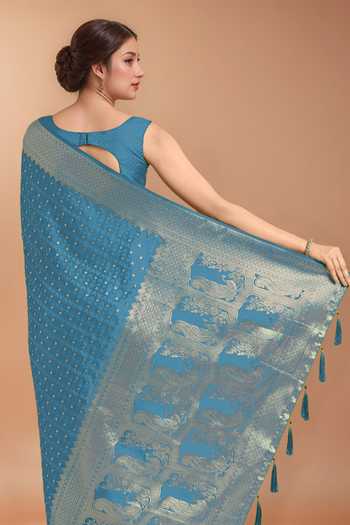 Buy Khwaab By Sanjana Lakhani Blue Tassels V-neck Zari Woven Banarasi Silk Saree With Blouse Buy_Khwaab By Sanjana Lakhani_Blue Tassels V-neck Zari Woven Banarasi Silk Saree With Blouse