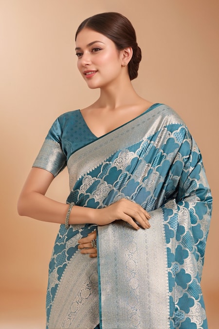 Shop_Samyukta Singhania_Blue Tassels, Zari V-neck Woven Banarasi Satin Silk Saree With Blouse _Online_at_Aza_Fashions