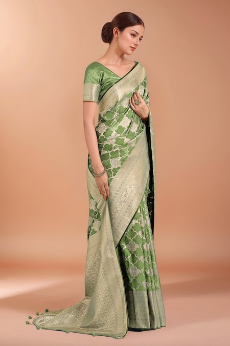 Shop_Samyukta Singhania_Green Embroidery, Zari V-neck Woven Banarasi Silk Saree With Blouse _Online_at_Aza_Fashions