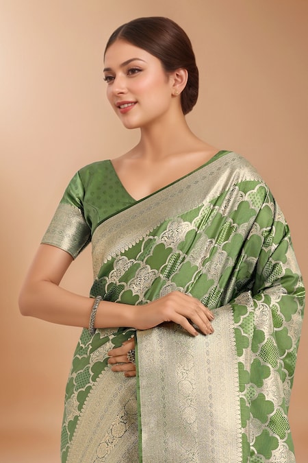 Samyukta Singhania_Green Embroidery, Zari V-neck Woven Banarasi Silk Saree With Blouse _at_Aza_Fashions