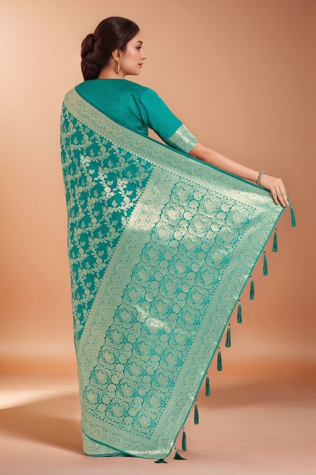 Samyukta Singhania Turquoise Zari Woven Banarasi Silk Saree With Blouse 