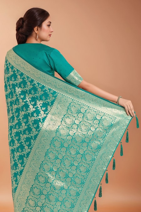 Shop_Samyukta Singhania_Turquoise Zari Round Neck Woven Banarasi Silk Saree With Blouse _Online_at_Aza_Fashions