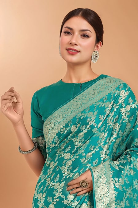 Samyukta Singhania_Turquoise Zari Round Neck Woven Banarasi Silk Saree With Blouse _at_Aza_Fashions