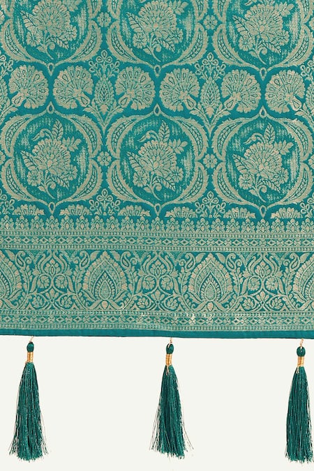 Shop_Samyukta Singhania_Turquoise Zari Round Neck Woven Banarasi Silk Saree With Blouse 