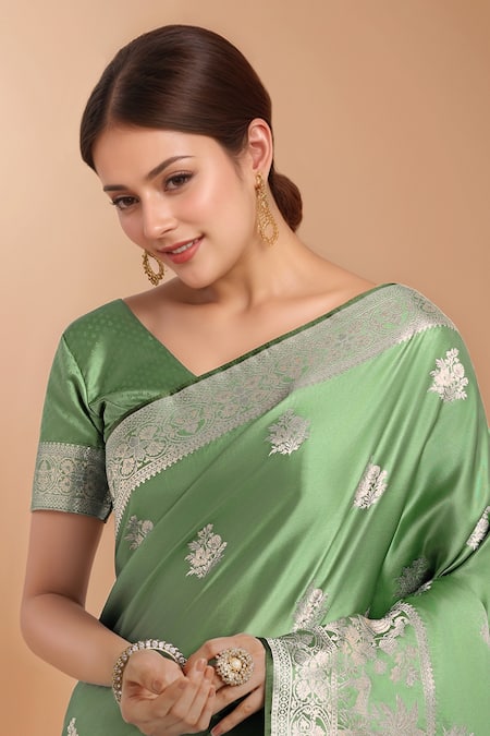 Shop_Samyukta Singhania_Green Embroidery, Zari V-neck Woven Banarasi Silk Saree With Blouse _Online_at_Aza_Fashions