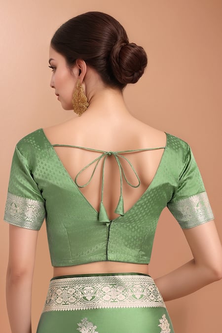 Shop_Samyukta Singhania_Green Embroidery, Zari V-neck Woven Banarasi Silk Saree With Blouse 