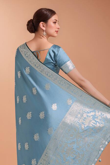 Shop_Samyukta Singhania_Blue Zari V-neck Woven Banarasi Silk Saree With Blouse_Online_at_Aza_Fashions