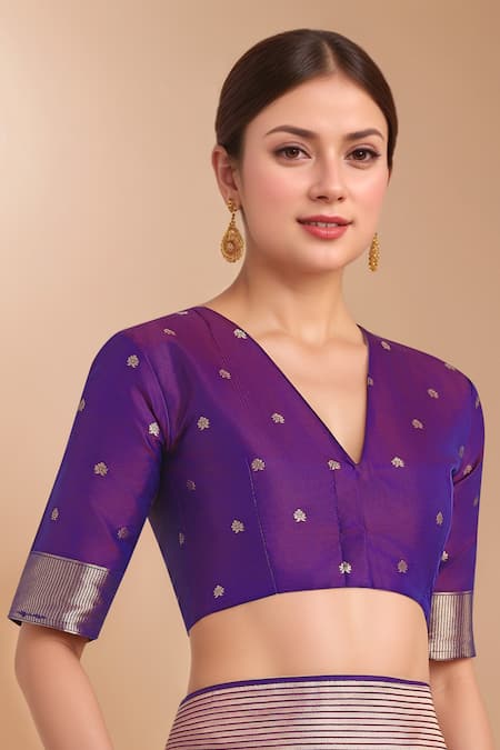 Samyukta Singhania_Purple Embroidery, Zari V-neck Woven Banarasi Silk Saree With Blouse _Online_at_Aza_Fashions