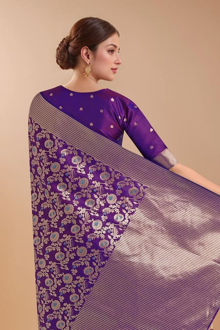 Shop_Samyukta Singhania_Purple Embroidery, Zari V-neck Woven Banarasi Silk Saree With Blouse _Online_at_Aza_Fashions