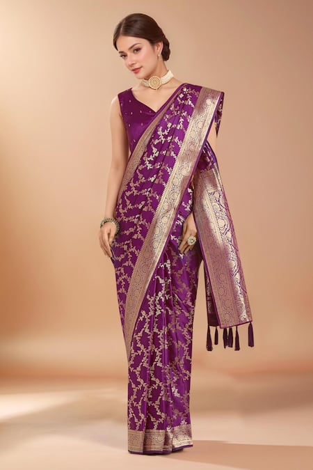 Samyukta Singhania_Purple Zari Round Neck Woven Banarasi Silk Saree With Blouse _Online_at_Aza_Fashions