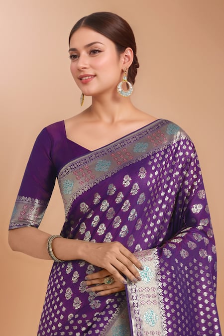 Shop_Samyukta Singhania_Purple Zari V-neck Woven Banarasi Silk Saree With Blouse _Online_at_Aza_Fashions