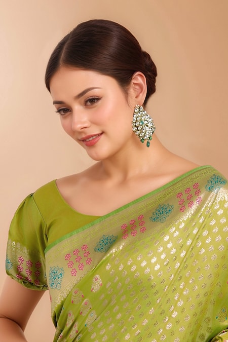 Buy_Samyukta Singhania_Green Tassels, Zari Round Neck Woven Banarasi Silk Saree With Blouse _Online_at_Aza_Fashions