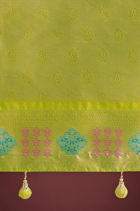 Shop_Samyukta Singhania_Green Tassels, Zari Round Neck Woven Banarasi Silk Saree With Blouse _Online_at_Aza_Fashions