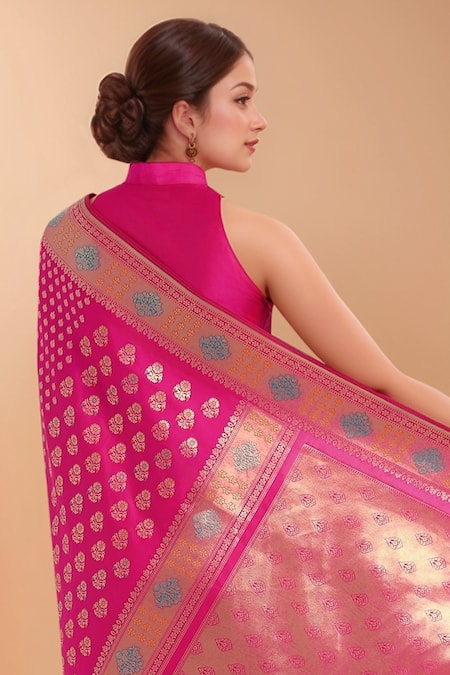 Buy_Samyukta Singhania_Pink Embroidery High Neck Zari Woven Banarasi Silk Saree With Blouse _Online_at_Aza_Fashions