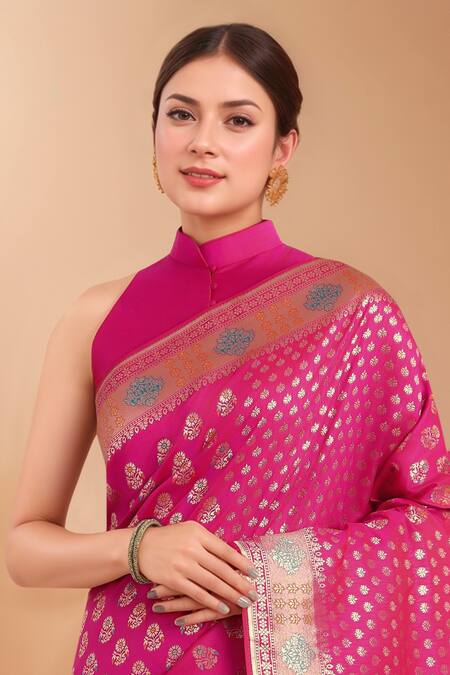 Samyukta Singhania_Pink Embroidery High Neck Zari Woven Banarasi Silk Saree With Blouse _at_Aza_Fashions