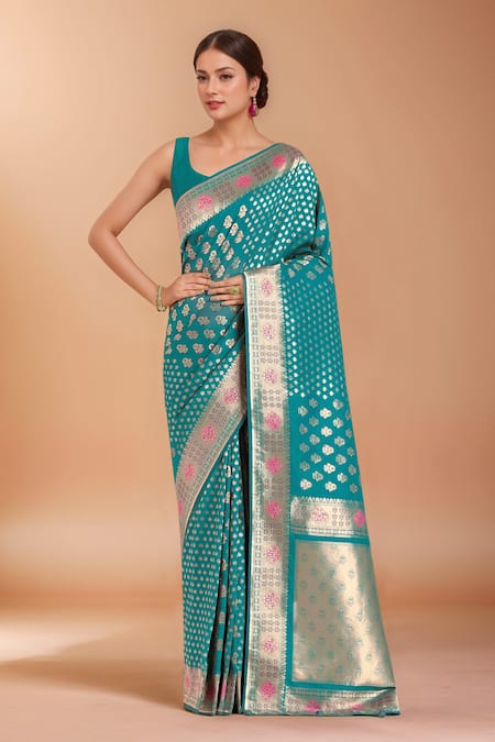 Samyukta Singhania Zari Woven Blue Banarasi Silk Saree With Blouse 