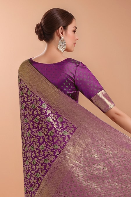 Buy_Samyukta Singhania_Purple Zari V-neck Woven Banarasi Silk Saree With Blouse _Online_at_Aza_Fashions