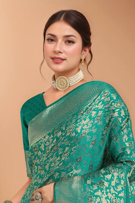 Samyukta Singhania_Turquoise Tassels, Zari V-neck Woven Banarasi Silk Saree With Blouse _Online_at_Aza_Fashions