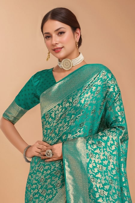 Buy_Samyukta Singhania_Turquoise Tassels, Zari V-neck Woven Banarasi Silk Saree With Blouse _Online_at_Aza_Fashions