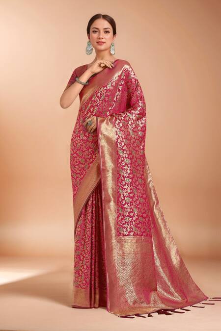 Shop_Samyukta Singhania_Magenta Tassels, Embroidery V-neck Zari Woven Banarasi Silk Saree With Blouse _Online_at_Aza_Fashions
