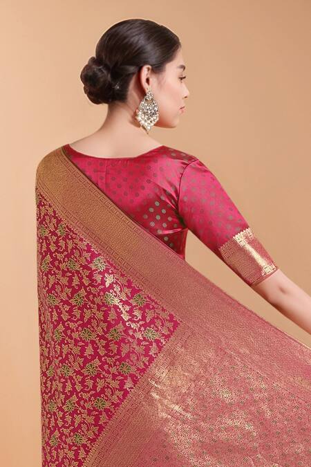 Samyukta Singhania_Magenta Tassels, Embroidery V-neck Zari Woven Banarasi Silk Saree With Blouse _at_Aza_Fashions