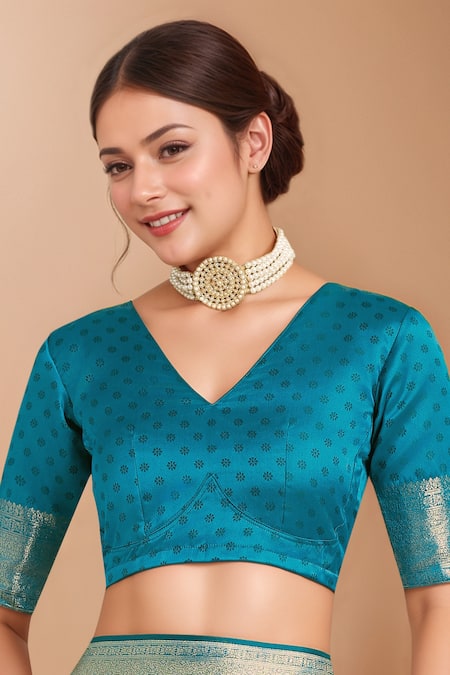 Shop_Samyukta Singhania_Sky Blue Tassels V-neck Zari Woven Banarasi Silk Saree With Blouse _Online_at_Aza_Fashions