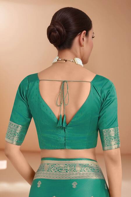 Shop_Samyukta Singhania_Turquoise Zari V-neck Woven Banarasi Saree With Blouse _Online_at_Aza_Fashions