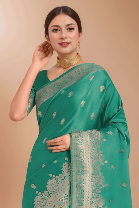 Samyukta Singhania_Turquoise Zari V-neck Woven Banarasi Saree With Blouse _at_Aza_Fashions
