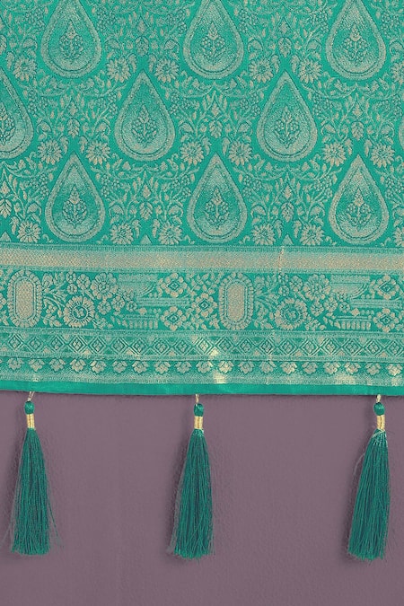 Shop_Samyukta Singhania_Turquoise Zari V-neck Woven Banarasi Saree With Blouse 