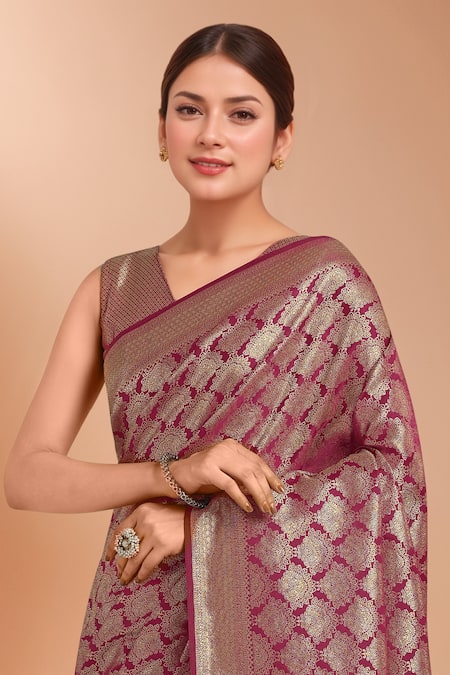 Shop_Samyukta Singhania_Pink Tassels, Zari V-neck Woven Banarasi Silk Saree With Blouse _Online_at_Aza_Fashions