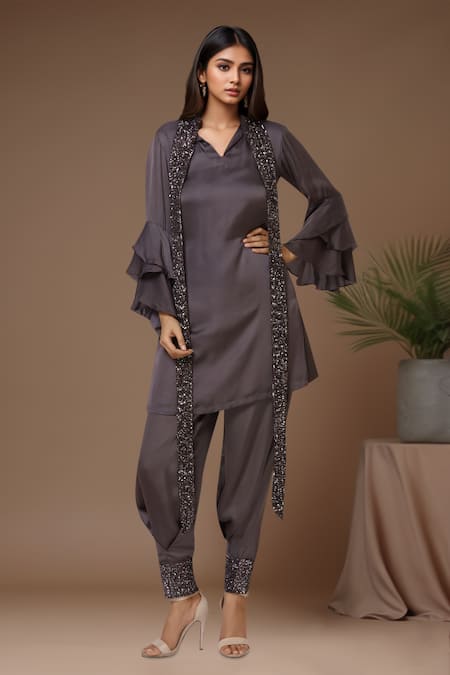 Buy Aariyana Couture Grey Modal, Georgette, Satin Sequins Collared Bell Sleeve Kurta Pant Set at Aza Fashions Buy_Aariyana Couture_Grey Modal, Georgette, Satin Sequins Collared Bell Sleeve Kurta Pant Set_at_Aza_Fashions