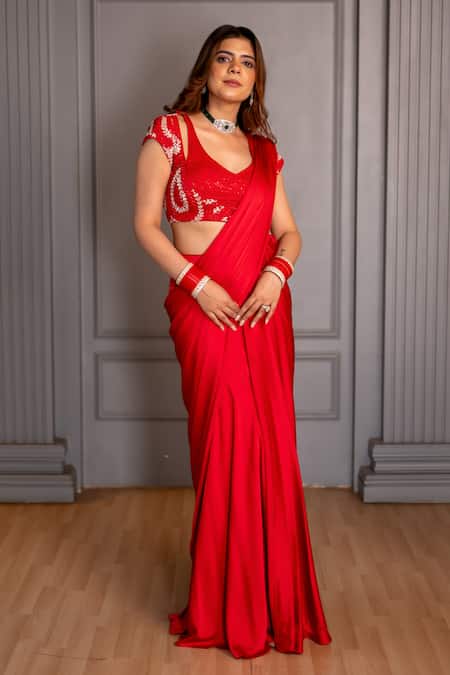 Buy_Ritika Verma_Red Satin Embroidery, Cut Work Plunge Zehra Fishcut Pre-draped Saree With Blouse _Online_at_Aza_Fashions