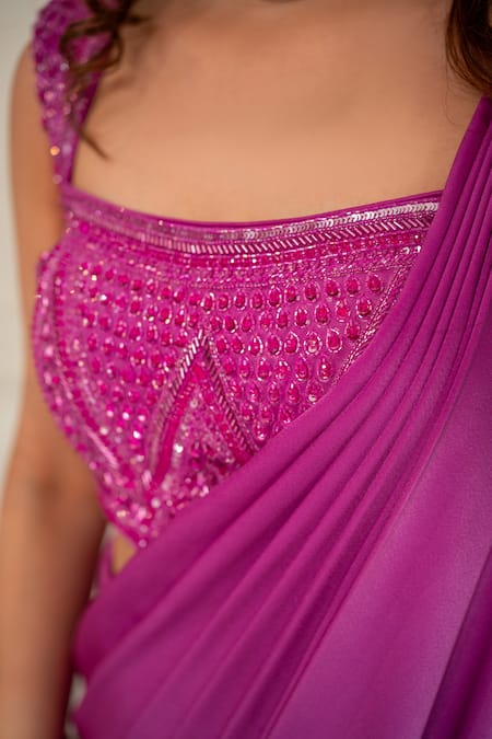 Ritika Verma_Fuchsia Satin Tassels, Sequins, Beads, Heer Fishcut Pre-draped Saree With Blouse _Online_at_Aza_Fashions