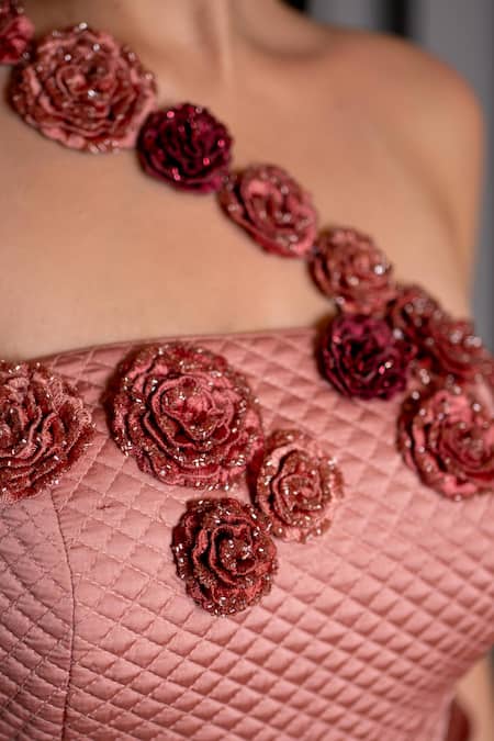 Ritika Verma_Rose Gold Fabric Flowers One Shoulder Nazm Draped Saree Gown _Online_at_Aza_Fashions
