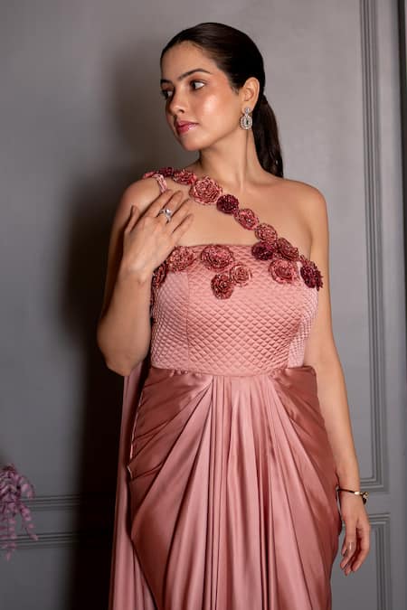 Buy_Ritika Verma_Rose Gold Fabric Flowers One Shoulder Nazm Draped Saree Gown _Online_at_Aza_Fashions