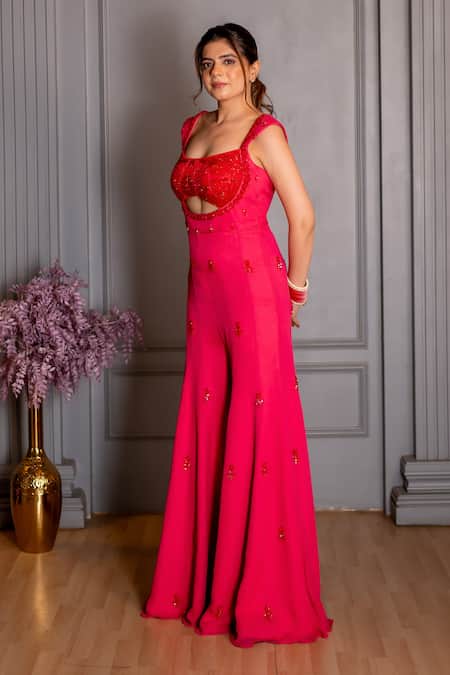 Ritika Verma_Pink Crystals, Sequins Square Neck Gulaabo Hand Embroidered Jumpsuit _Online_at_Aza_Fashions