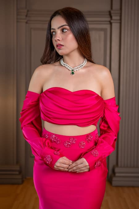 Shop_Ritika Verma_Pink Embroidery, Sequins, Cut Work Sweetheart Neck Ayat Bustier With Fish Skirt _Online_at_Aza_Fashions