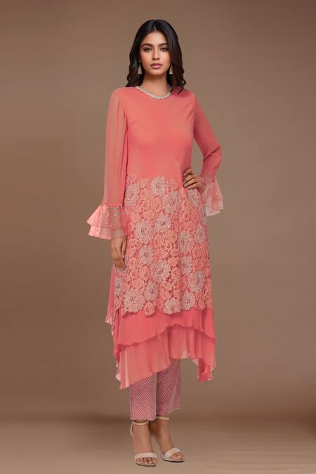 Aariyana Couture Orange Georgette, Bamboo, Satin Embroidery Round Neck Layered Kurta Pant Set