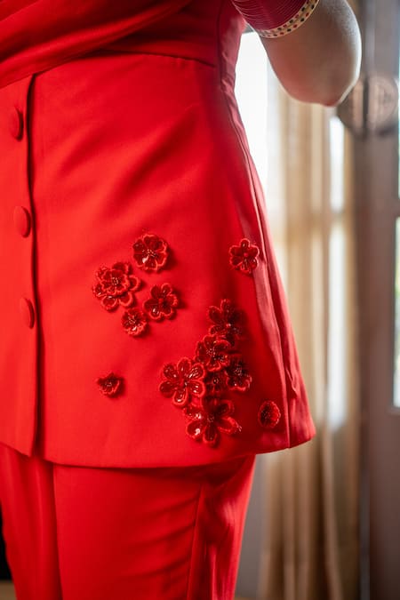 Ritika Verma_Red Georgette Embroidery, Sequins Serah Embellished Blazer With Pant _at_Aza_Fashions
