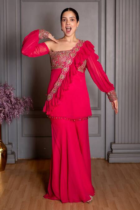 Buy_Ritika Verma_Pink Georgette Embroidery, Sequins, Pearls Saanjh Kurta Gharara Set _Online_at_Aza_Fashions