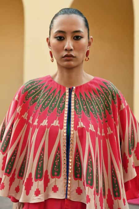 Swati Vijaivargie_Red Linen, Satin Round Neck Color Block Cape Lehenga Set _Online_at_Aza_Fashions