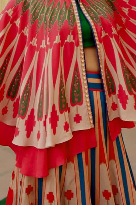 Buy_Swati Vijaivargie_Red Linen, Satin Round Neck Color Block Cape Lehenga Set _Online_at_Aza_Fashions