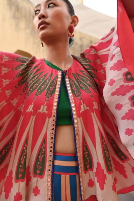 Shop_Swati Vijaivargie_Red Linen, Satin Round Neck Color Block Cape Lehenga Set _Online_at_Aza_Fashions