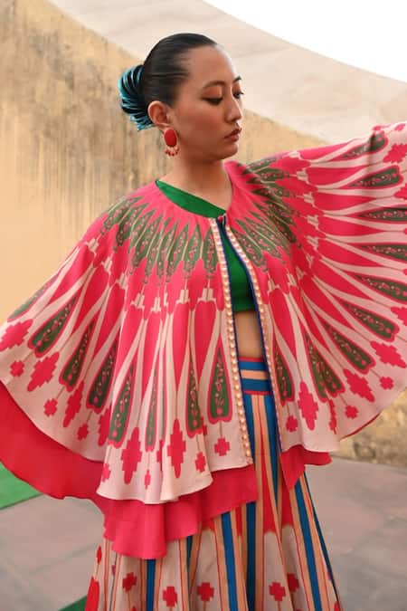 Swati Vijaivargie_Red Linen, Satin Round Neck Color Block Cape Lehenga Set _at_Aza_Fashions