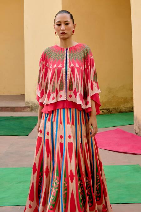 Buy_Swati Vijaivargie_Red Linen, Satin Round Neck Color Block Cape Lehenga Set 