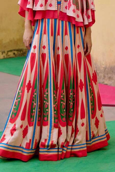 Shop_Swati Vijaivargie_Red Linen, Satin Round Neck Color Block Cape Lehenga Set 