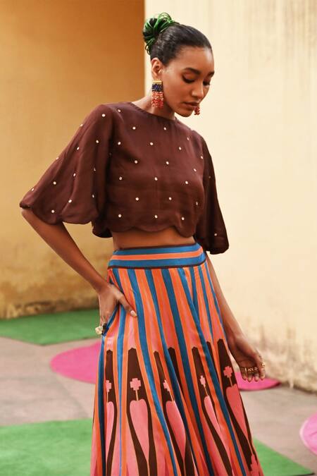 Swati Vijaivargie Brown Linen, Satin Embroidery Round Neck Polka Dot Pattern Top With Lehenga Online at Aza Fashions Swati Vijaivargie_Brown Linen, Satin Embroidery Round Neck Polka Dot Pattern Top With Lehenga _Online_at_Aza_Fashions